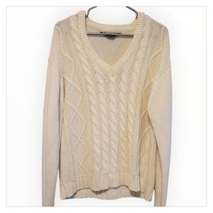 Vintage Cream Cable Knit V Neck Sweater XL Oversized Preppy Cozy 90s